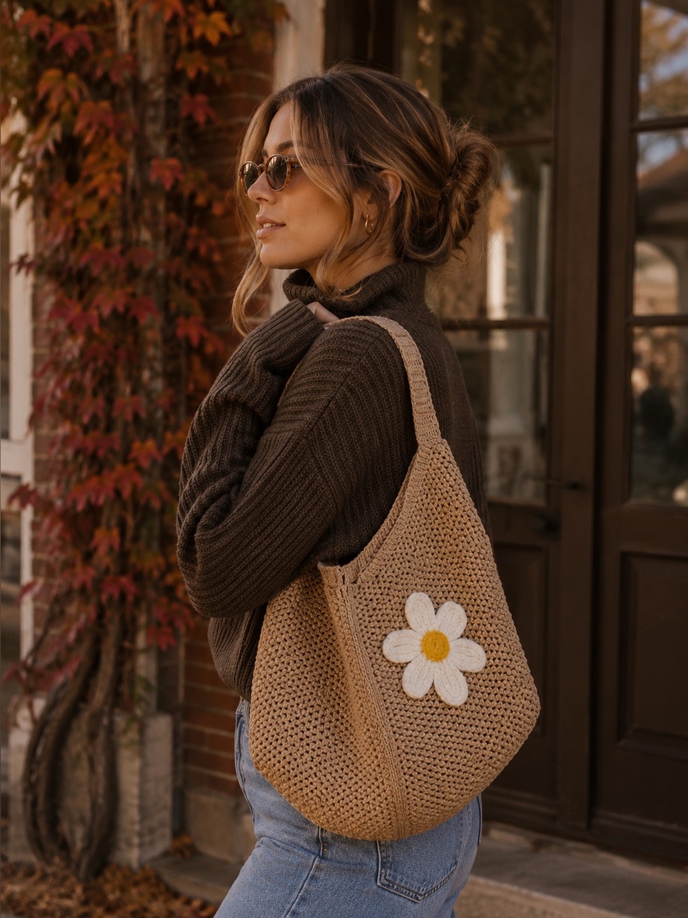 FREE With 25$+ Purchase, Handwoven Daisy Accent Crochet Shoulder Bag in Tan